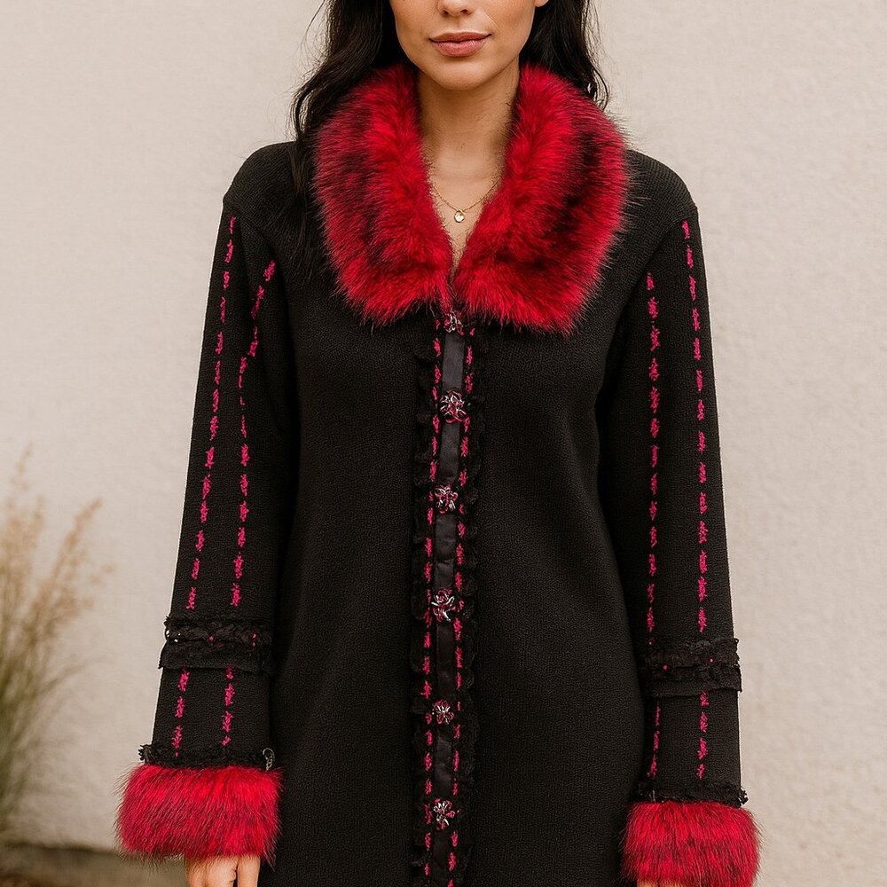 Vintage STORYBOOK KNITS Embellished Cardigan Coat w/Faux Fur Size S
